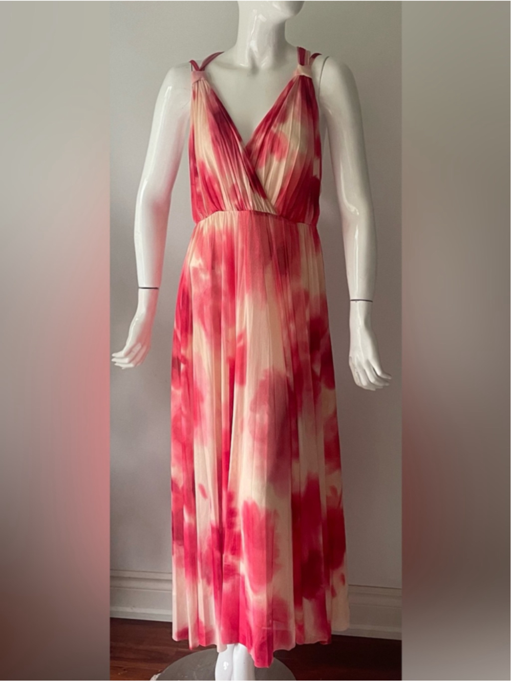Mango Pink Watercolor Pleated Maxi Dress Large - Picture 14 of 14